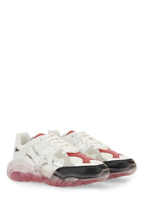 Moschino women’s teddy sneaker white chunky sneaker with white red black upper translucent pink sole metallic silver accents