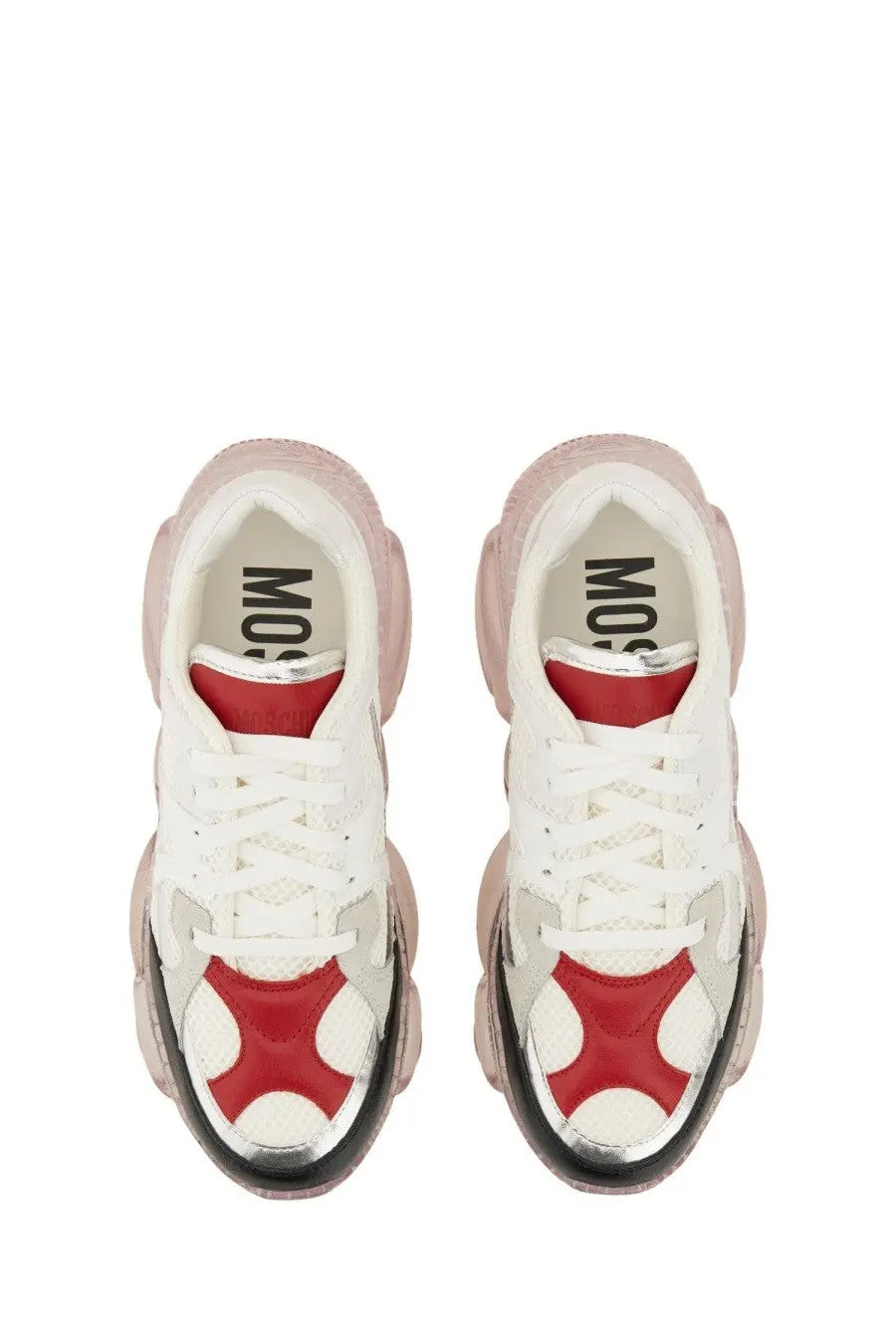 Moschino women’s teddy sneaker white in white and red with chunky sculpted sole design for casual wear