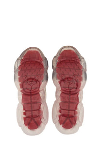 Transparent red and white moschino women’s teddy sneaker with bear shape and translucent sole featuring brand text