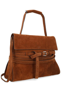 Brown suede satchel with matching belt buckle and adjustable shoulder strap from moschino women tie me bag brown