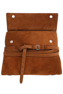 Moschino women’s tie me bag brown tan suede clutch with matching belt strap and silver toned hardware