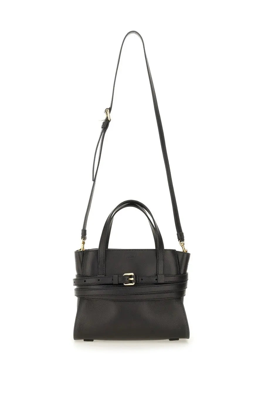 Moschino women’s small black leather crossbody bag with gold-tone buckle and handles tie me bag design