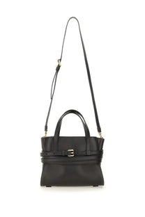 Moschino women’s small black leather crossbody bag with gold-tone buckle and handles tie me bag design