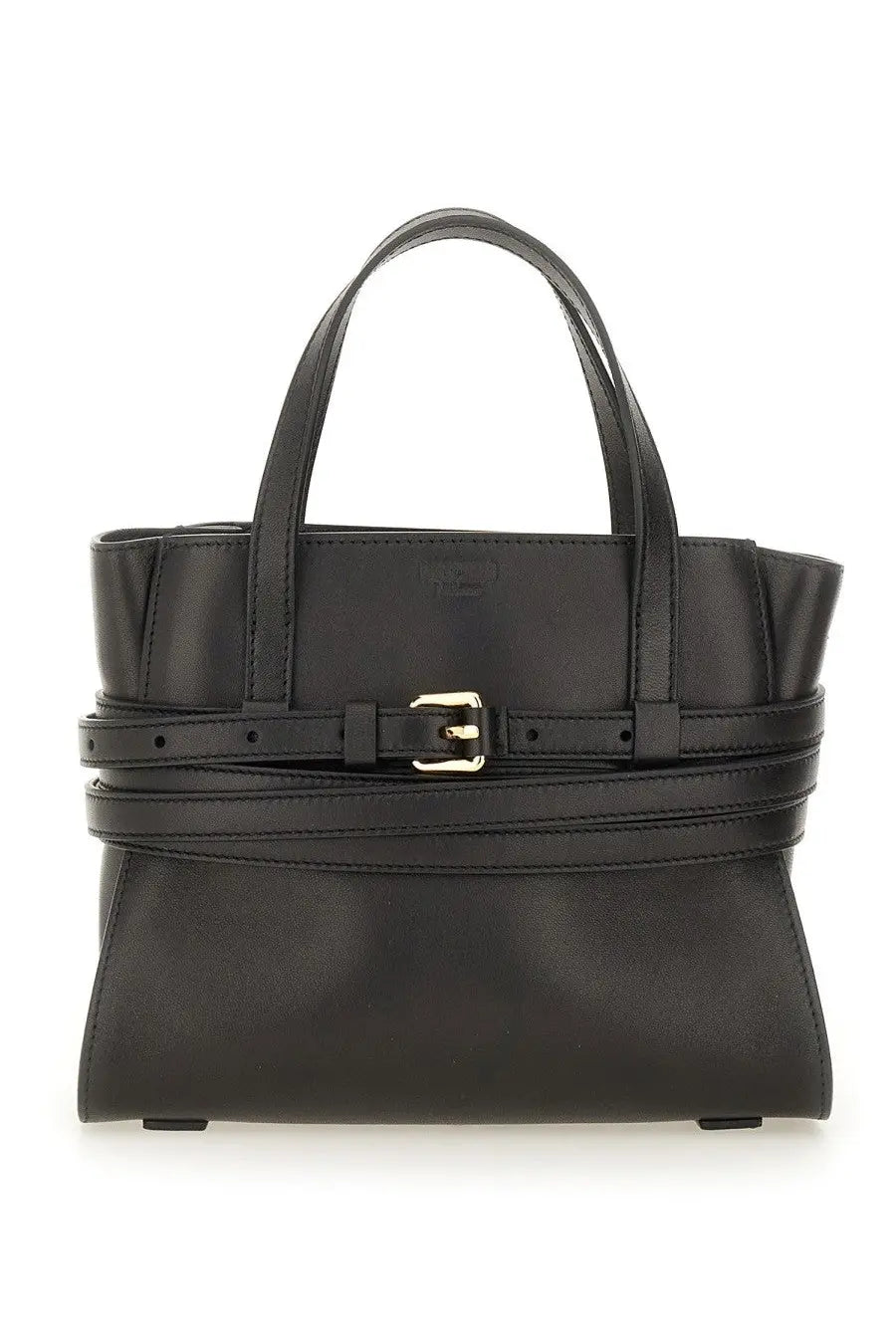 Moschino women’s tie me bag small black leather handbag with gold-tone buckle and dual top handles