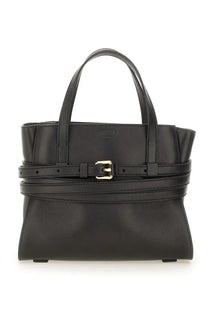 Moschino women’s tie me bag small black leather handbag with gold-tone buckle and dual top handles