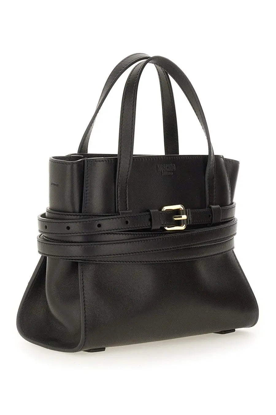Moschino women’s tie me bag small black leather handbag with gold-tone buckle and structured design