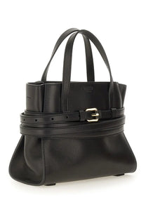 Moschino women’s tie me bag small black leather handbag with gold-tone buckle and structured design