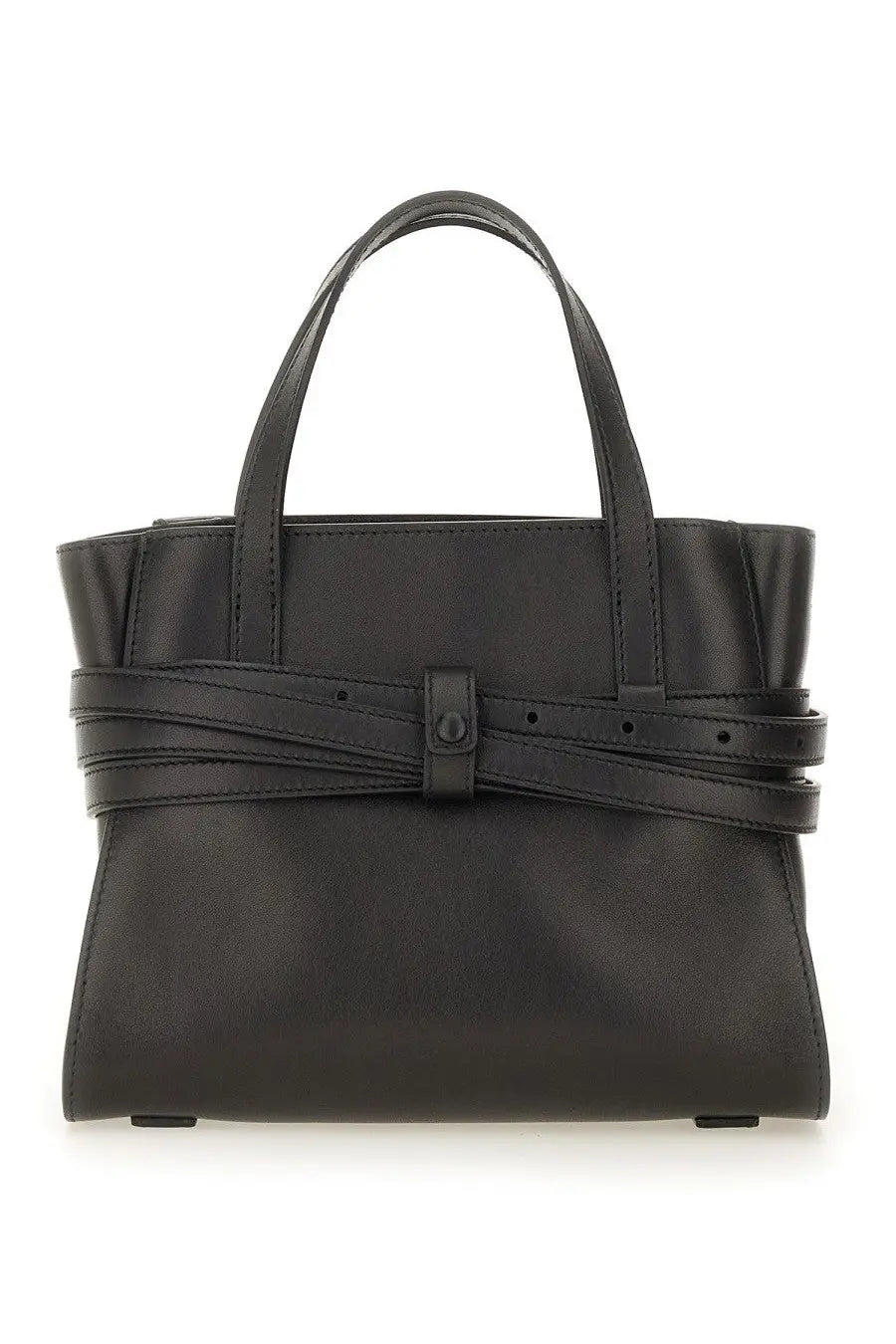 Moschino women’s tie me small black leather tote bag with central belt strap and top handles