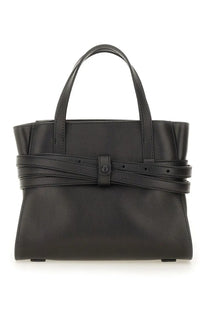 Moschino women’s tie me small black leather tote bag with central belt strap and top handles