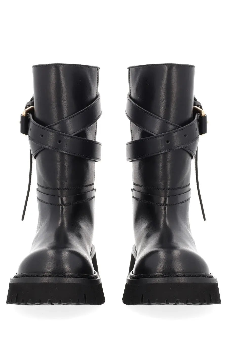 Black leather ankle boots with crisscross straps and gold-tone buckles by Moschino women tie me boot black
