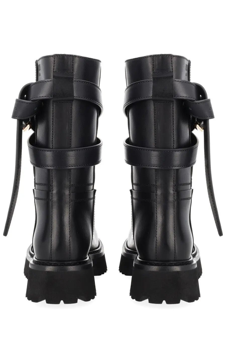 Moschino women’s tie me boot black leather combat boots with multiple straps and chunky soles