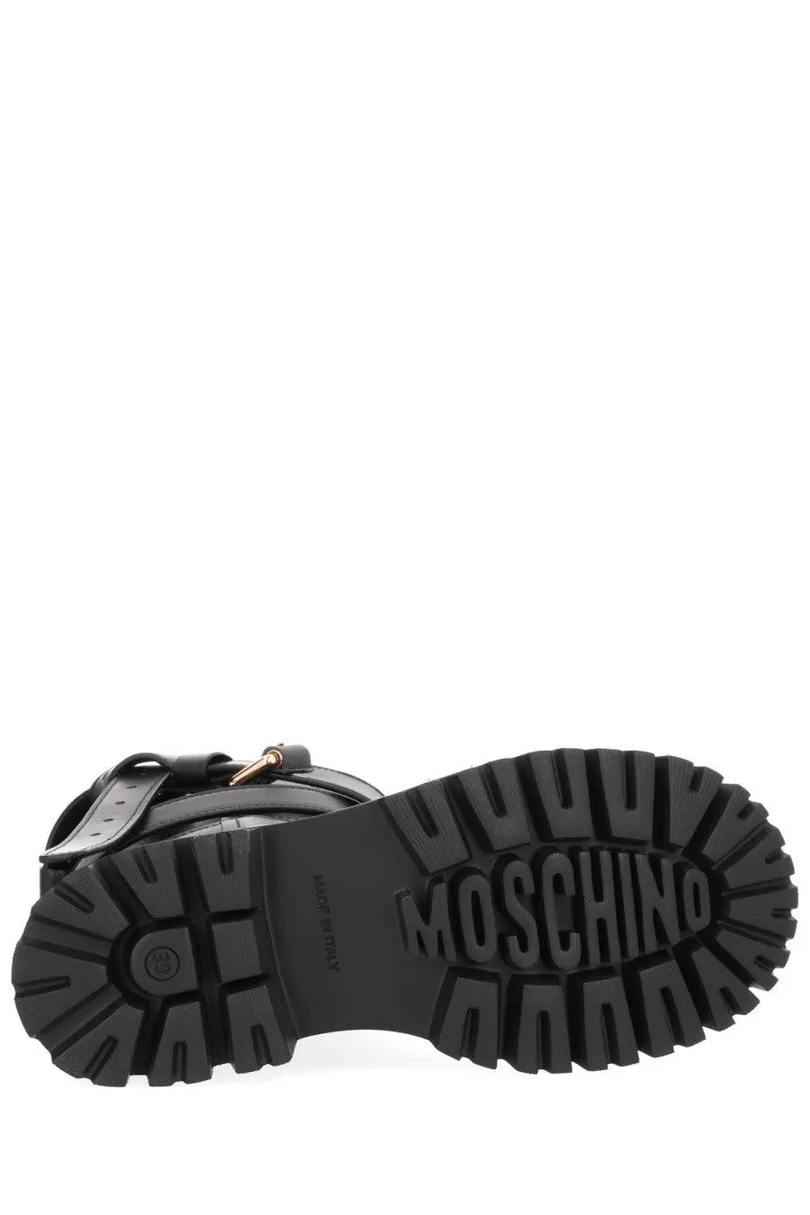 Moschino women’s black leather tie me boot with rugged sole and gold tone buckle detail