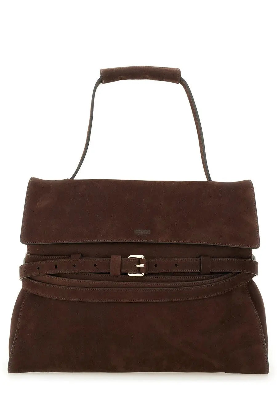 Moschino women’s tie me medium brown suede handbag with matching belt strap and silver buckle