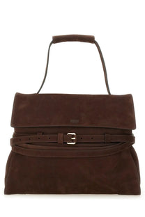 Moschino women’s tie me medium brown suede handbag with matching belt strap and silver buckle