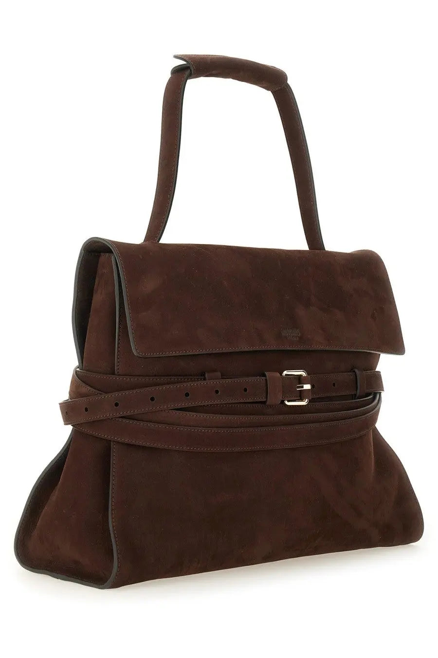 Moschino women’s tie me medium brown suede handbag with matching belt strap and silver buckle