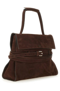 Moschino women’s tie me medium brown suede handbag with matching belt strap and silver buckle