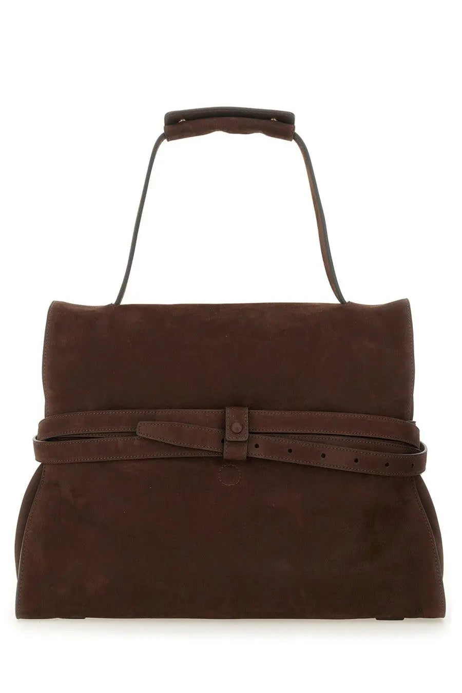 Moschino women’s tie me medium brown suede handbag with matching belt-style strap and top handle