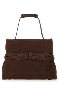 Moschino women’s tie me medium brown suede handbag with matching belt-style strap and top handle