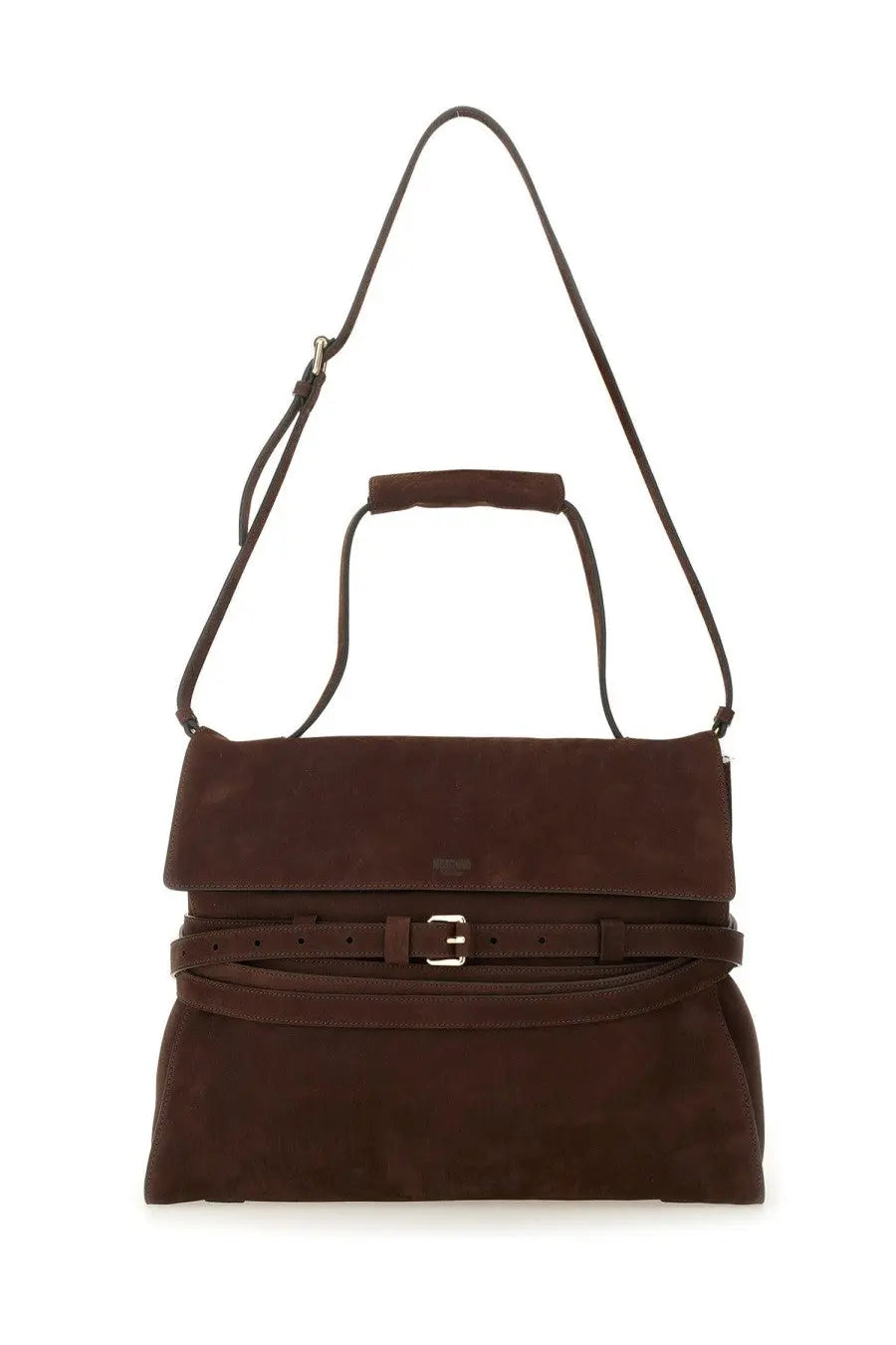 Moschino women’s tie me medium brown suede shoulder bag with matching belt strap and silver buckle