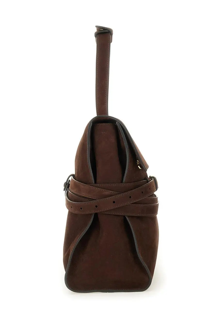 Brown suede tote bag with crossbody strap and dark brown leather trim from moschino womens tie me medium bag brown