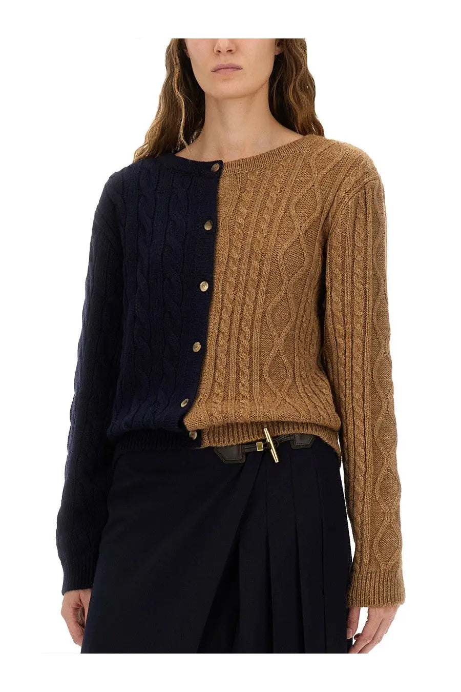 Moschino women’s two tone alpaca blend cardigan in navy and tan with gold buttons down the center seam
