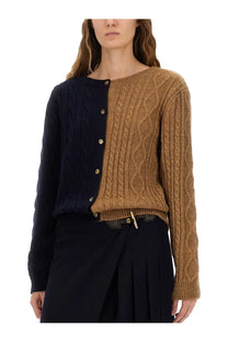 Moschino women’s two tone alpaca blend cardigan in navy and tan with gold buttons down the center seam
