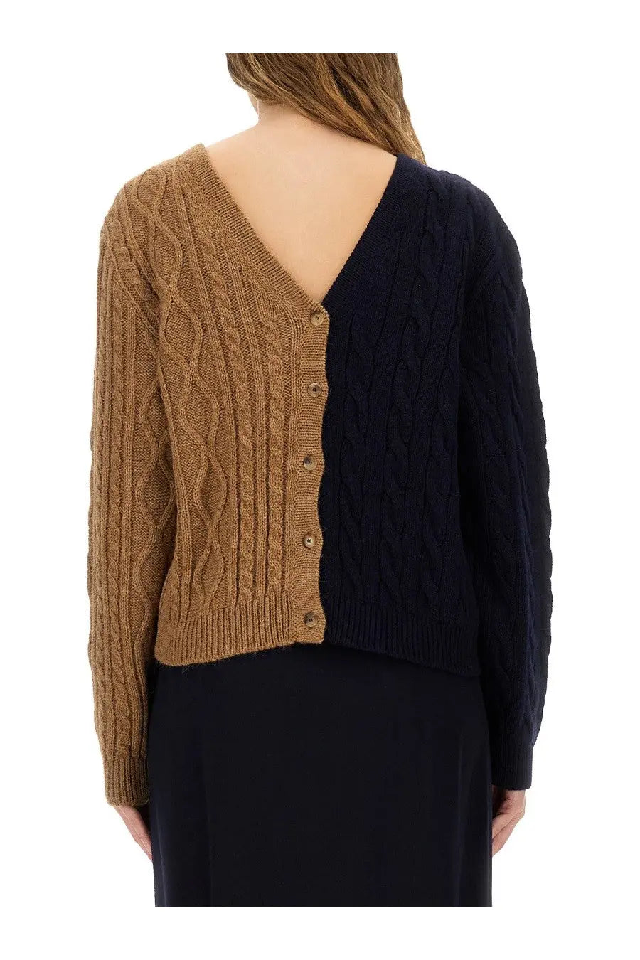 Moschino women’s two tone alpaca blend cardigan in camel and navy blue cable knit with split design front