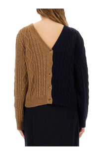 Moschino women’s two tone alpaca blend cardigan in camel and navy blue cable knit with split design front