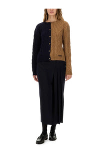 Moschino women’s two tone alpaca blend cardigan in navy blue and camel with intricate cable knit front panels