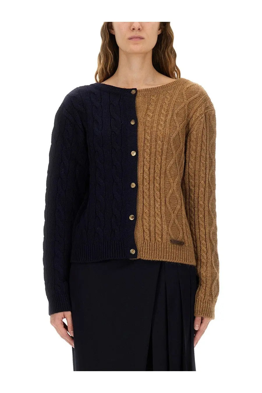 Moschino women’s two tone alpaca blend cardigan in navy and tan cable knit with gold toned buttons
