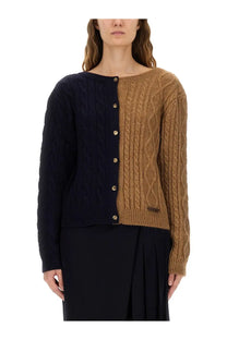Moschino women’s two tone alpaca blend cardigan in navy and tan cable knit with gold toned buttons