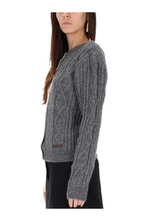 Moschino women’s grey cable-knit cardigan with textured interwoven pattern and ribbed cuffs