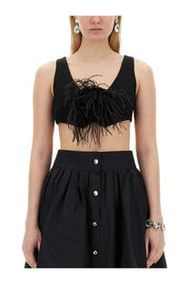 Moschino women’s black feathered crop top with deep v-neckline and soft voluminous feathers at center front