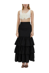 Black tiered ruffle skirt with high waist and flowing layers for a stylish feminine look