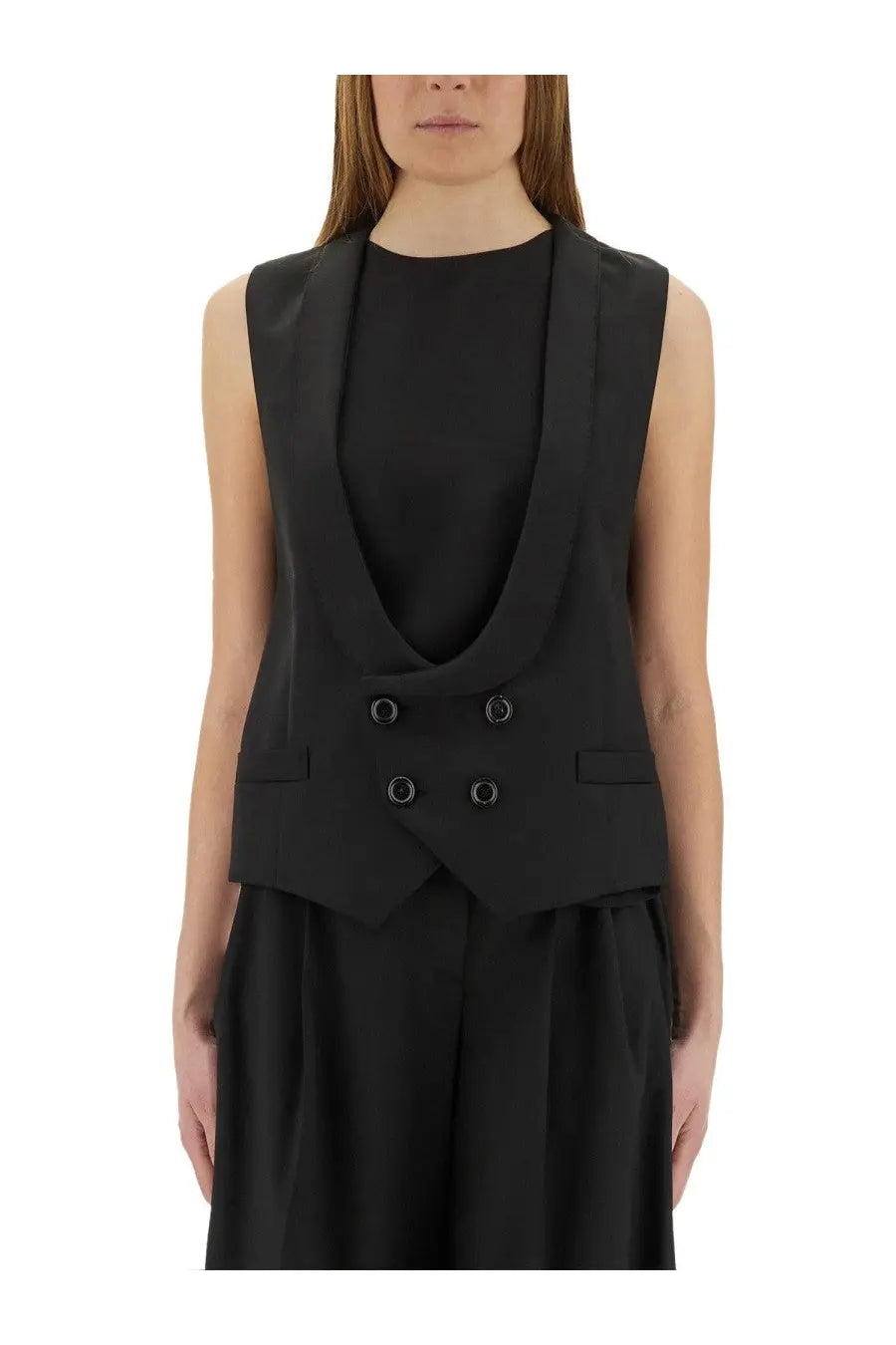 Moschino women’s black virgin wool sleeveless vest with double-breasted circular buttons and structured lapels