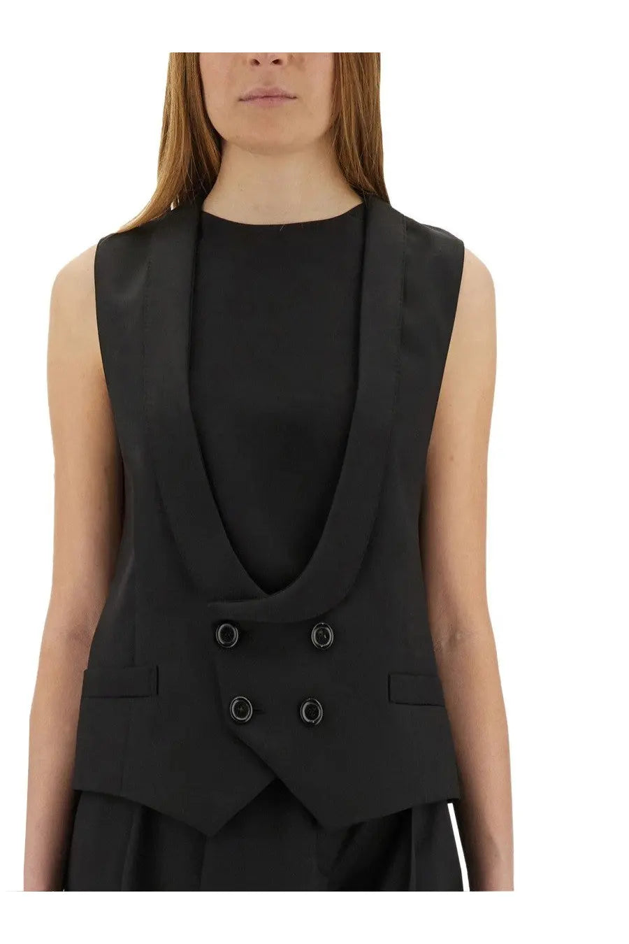 Moschino women’s black virgin wool sleeveless vest with double-breasted button closure and notched lapels