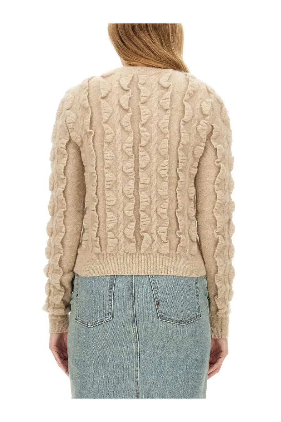 Beige Moschino women’s wool blend cardigan with textured ruffled cable-knit pattern and ribbed cuffs