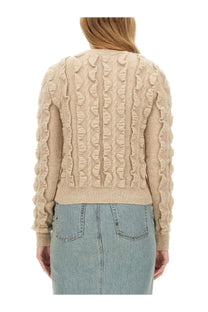 Beige Moschino women’s wool blend cardigan with textured ruffled cable-knit pattern and ribbed cuffs