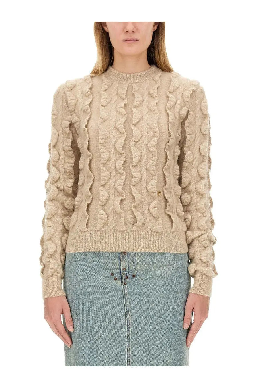 Moschino women’s beige wool blend sweater with textured ruffled vertical patterns and ribbed cuffs