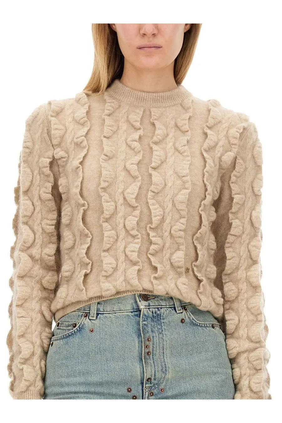 Moschino women’s beige wool blend sweater with textured knit ruffles and ribbed crew neckline
