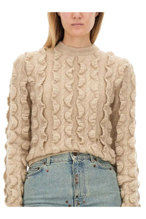 Moschino women’s beige wool blend sweater with textured knit ruffles and ribbed crew neckline