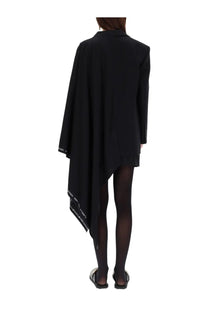 Moschino women’s black wool flannel blazer with asymmetrical draped silhouette and white text detailing along hem