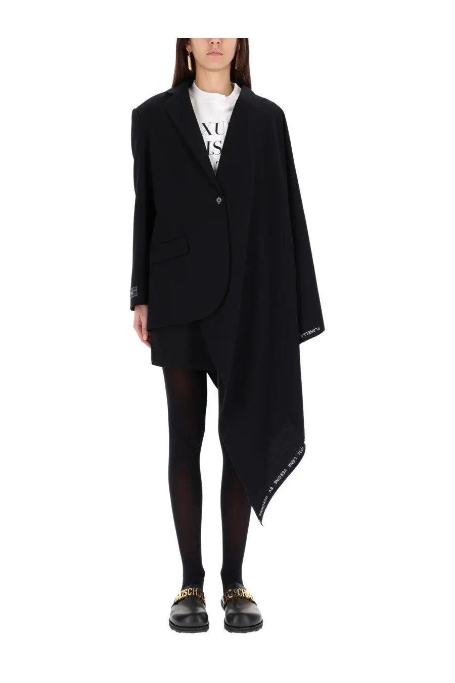 Black Moschino women’s wool flannel oversized blazer with asymmetrical hem and branded text detailing on sleeves