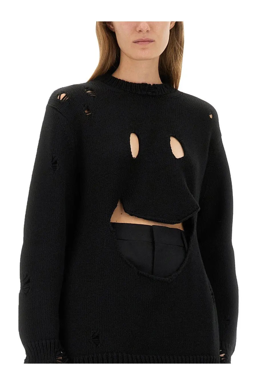 Moschino women’s black wool jersey sweater with distressed ripped details cropped silhouette and cut-out eye holes
