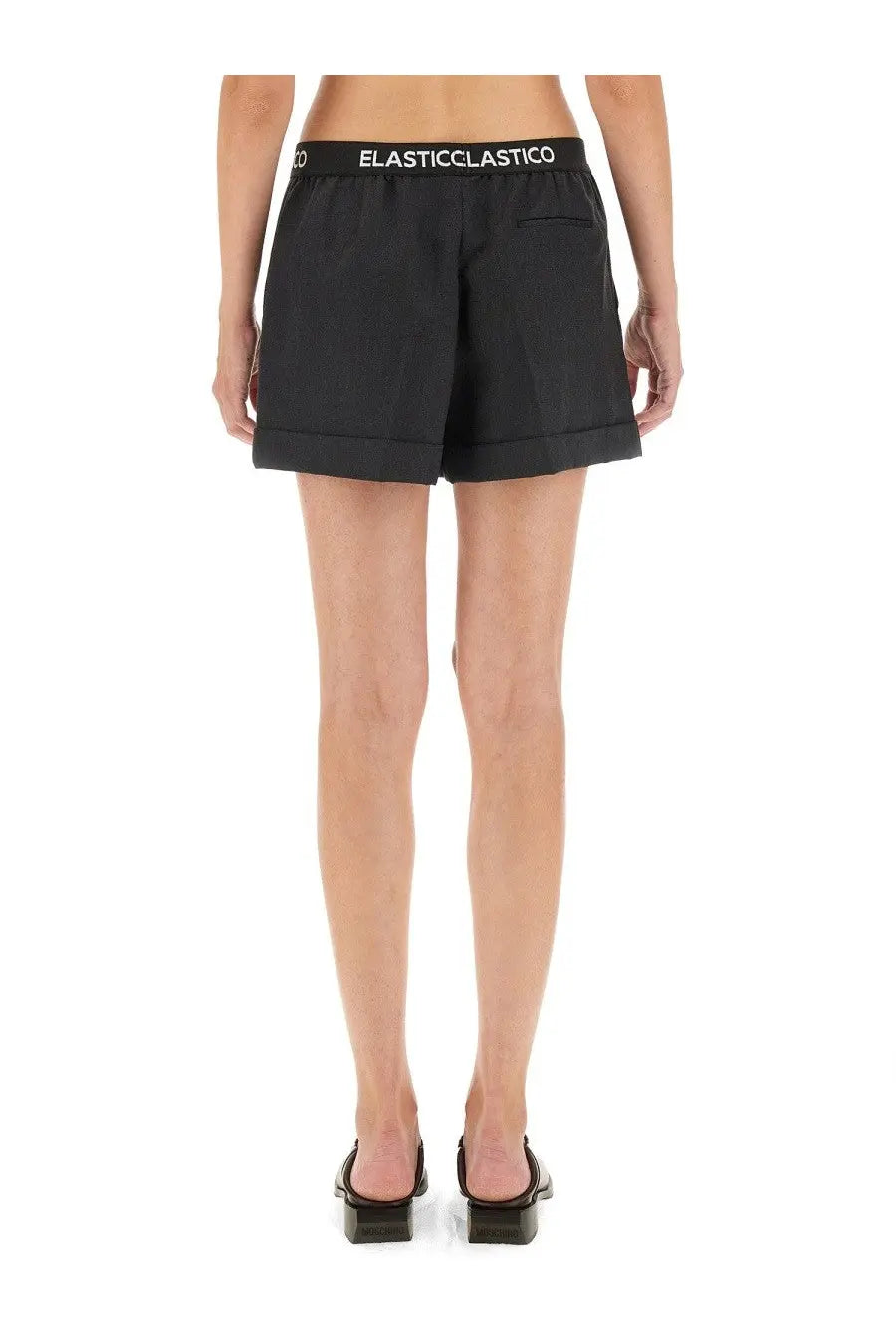 Moschino women’s black wool shorts with white elasticclastico waistband and rolled cuffs