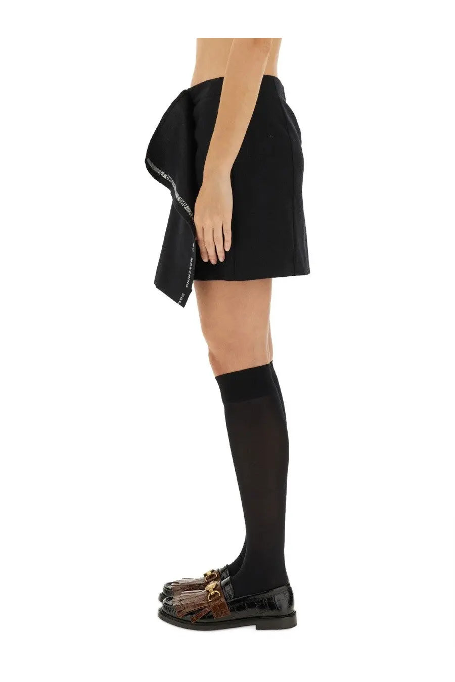 Moschino women’s black wool asymmetrical mini wrap skirt with draped ruffled hemline front view
