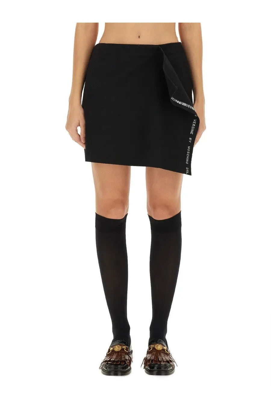 Moschino women’s black wool wrap skirt with side slit and versace x moschino branding along the edge