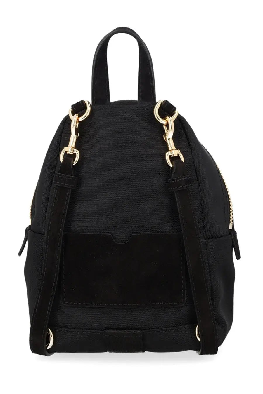 Moschino women’s zaino carry black backpack with gold-tone hardware and suede accents front view