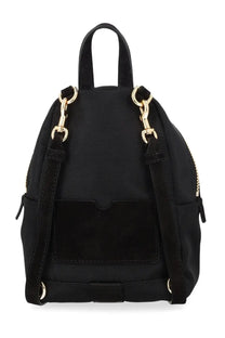 Moschino women’s zaino carry black backpack with gold-tone hardware and suede accents front view