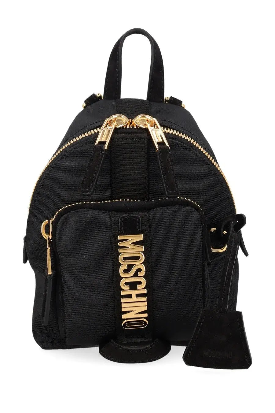 Moschino women’s zaino carry black backpack with gold-tone zippers and a vertical logo strap shown from the back side